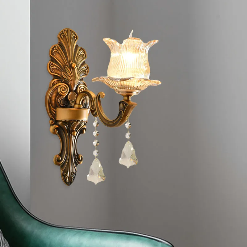 Applique murale en laiton à une ampoule, verre nervuré traditionnel, éclairage mural floral à 2 couches Clearhalo