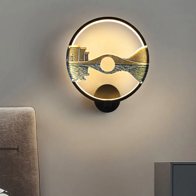 Applique murale LED en acrylique, luminaire circulaire noir/blanc, avec motif de paysage de Style chinois, 12 pouces de di...