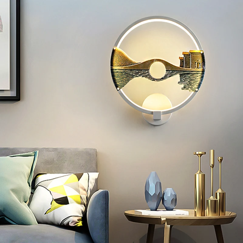 Applique murale LED en acrylique, luminaire circulaire noir/blanc, avec motif de paysage de Style chinois, 12 pouces de di...