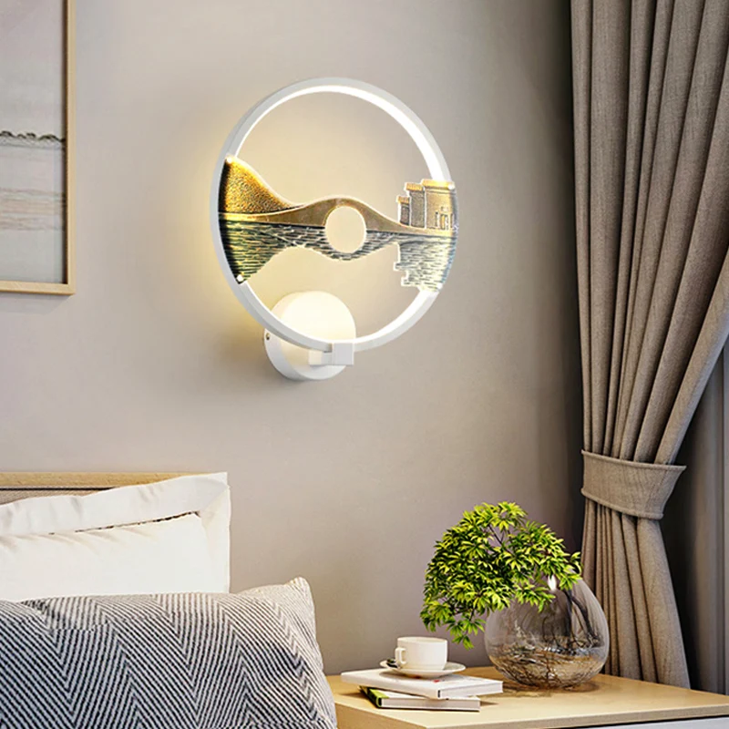 Applique murale LED en acrylique, luminaire circulaire noir/blanc, avec motif de paysage de Style chinois, 12 pouces de di...