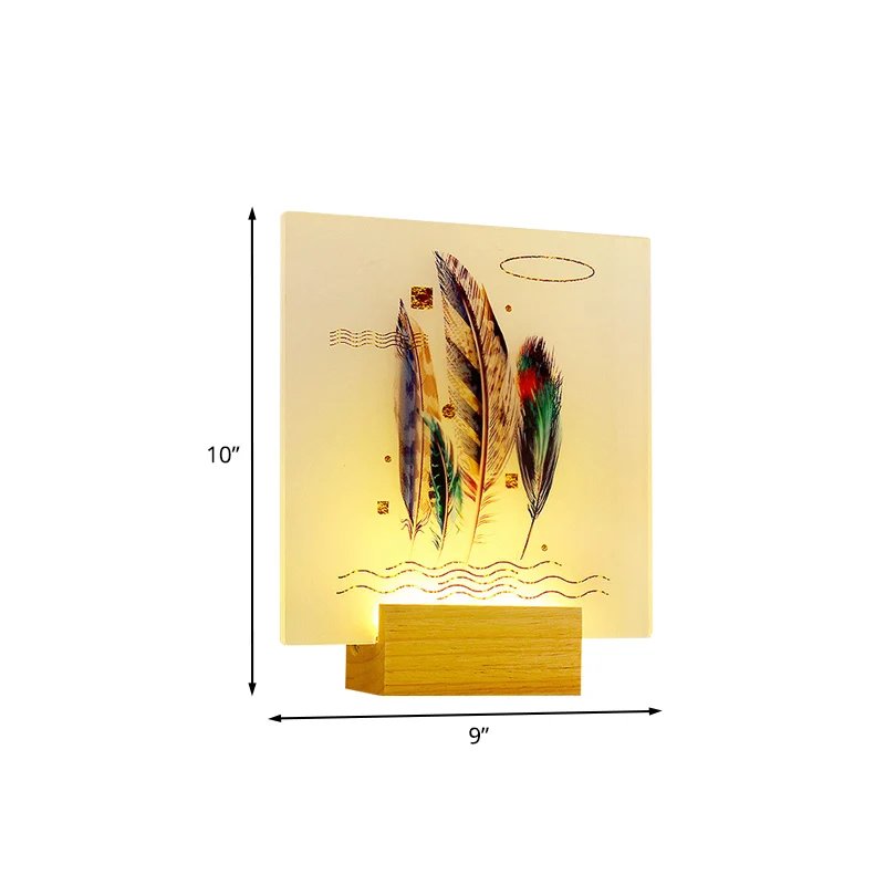 Applique murale LED en forme de plume carrée en bois, Style asiatique, en acrylique, pour salon Clearhalo