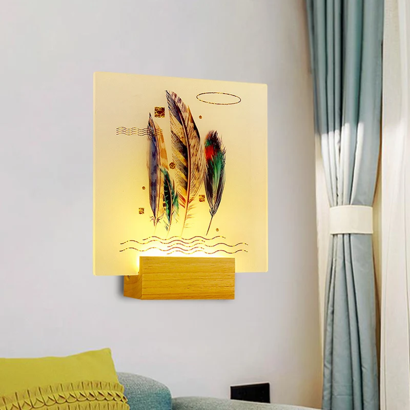 Applique murale LED en forme de plume carrée en bois, Style asiatique, en acrylique, pour salon Clearhalo