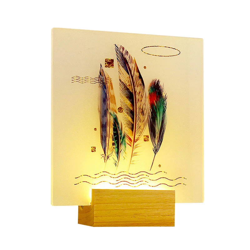 Applique murale LED en forme de plume carrée en bois, Style asiatique, en acrylique, pour salon Clearhalo