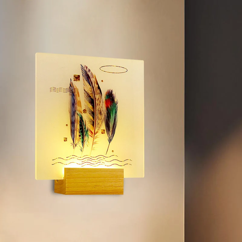 Applique murale LED en forme de plume carrée en bois, Style asiatique, en acrylique, pour salon Clearhalo