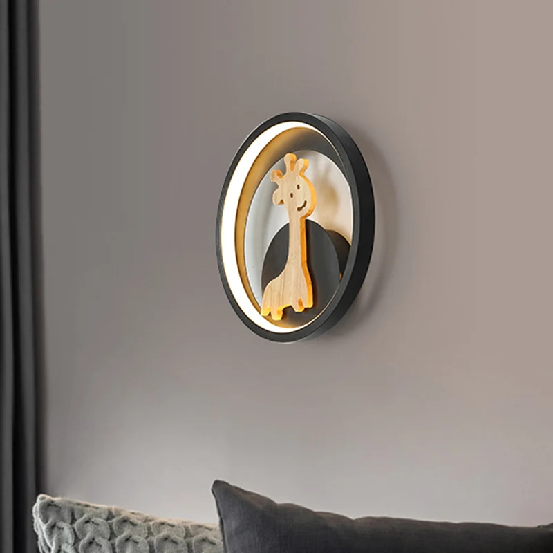 Applique murale LED moderne en acrylique avec anneau gris/noir, décoration avec figurine de girafe, pour chambre d'enfant,...