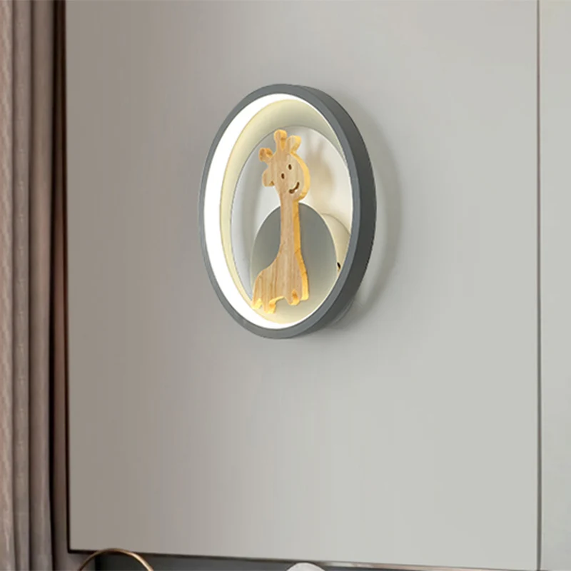 Applique murale LED moderne en acrylique avec anneau gris/noir, décoration avec figurine de girafe, pour chambre d'enfant,...