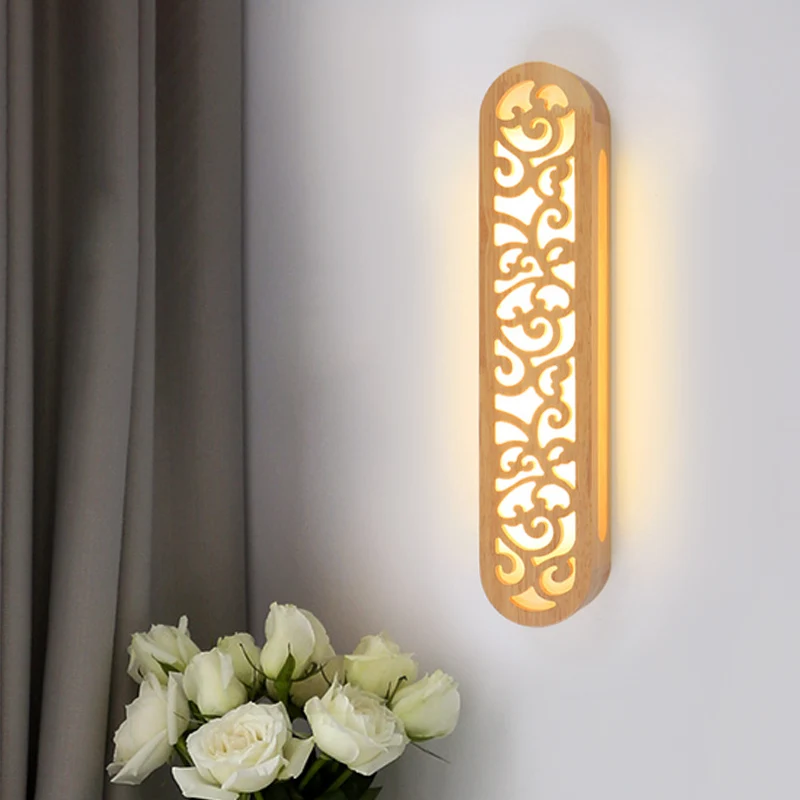 Applique murale LED de Style chinois, luminaire rectangulaire Beige avec abat-jour en bois sculpté Clearhalo