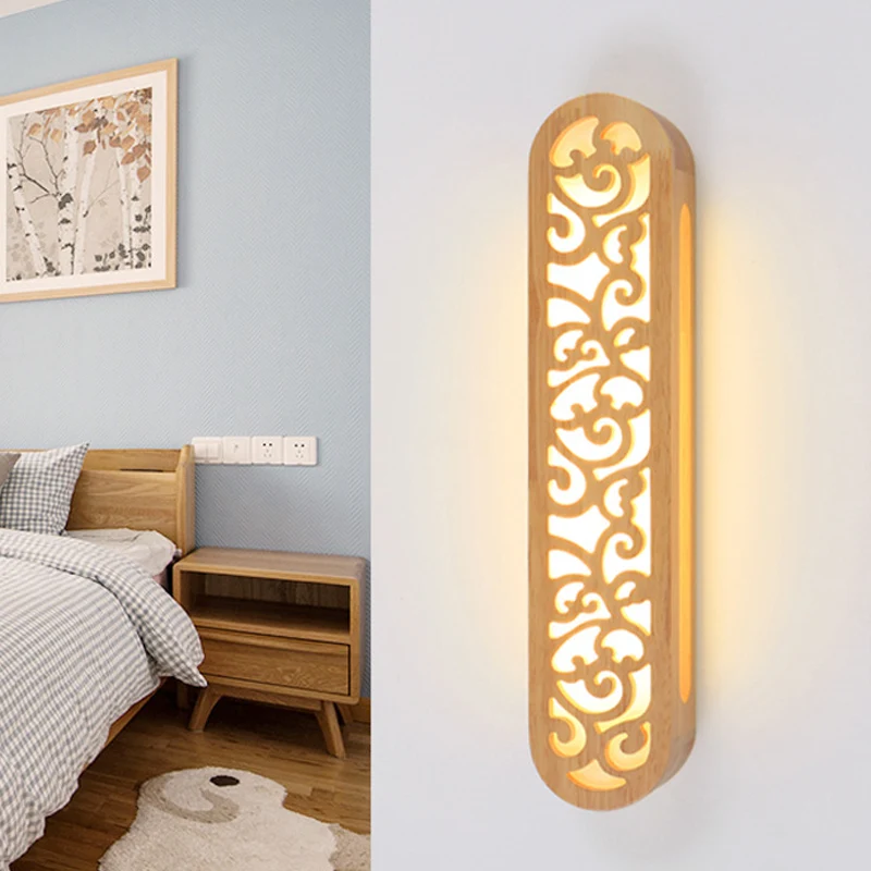 Applique murale LED de Style chinois, luminaire rectangulaire Beige avec abat-jour en bois sculpté Clearhalo