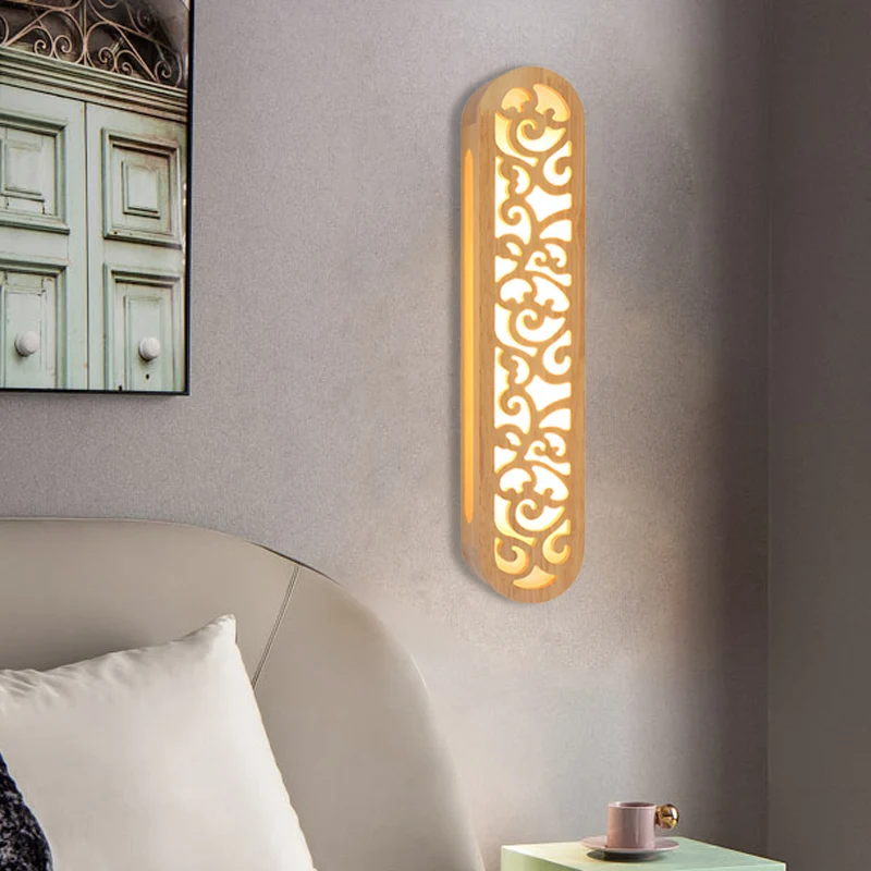 Applique murale LED de Style chinois, luminaire rectangulaire Beige avec abat-jour en bois sculpté Clearhalo