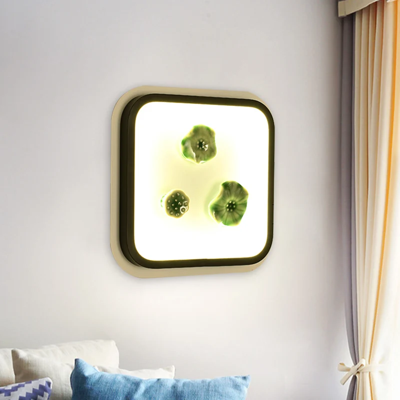 Applique murale Lotus carrée blanche et noire, luminaire LED en porcelaine de Style chinois Clearhalo
