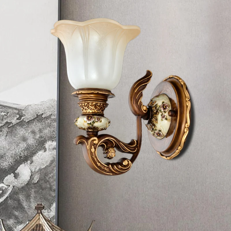Applique murale à 1/2 lumières avec abat-jour floral en verre crème, lampe murale traditionnelle pour chambre à coucher, m...