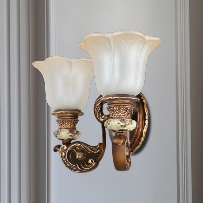 Applique murale à 1/2 lumières avec abat-jour floral en verre crème, lampe murale traditionnelle pour chambre à coucher, m...