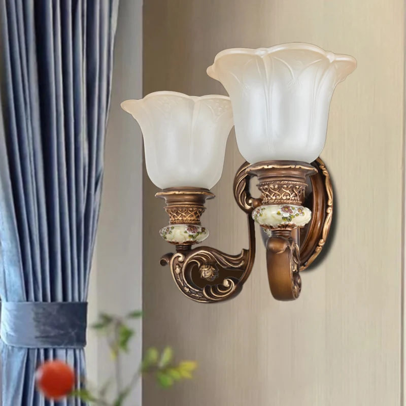 Applique murale à 1/2 lumières avec abat-jour floral en verre crème, lampe murale traditionnelle pour chambre à coucher, m...
