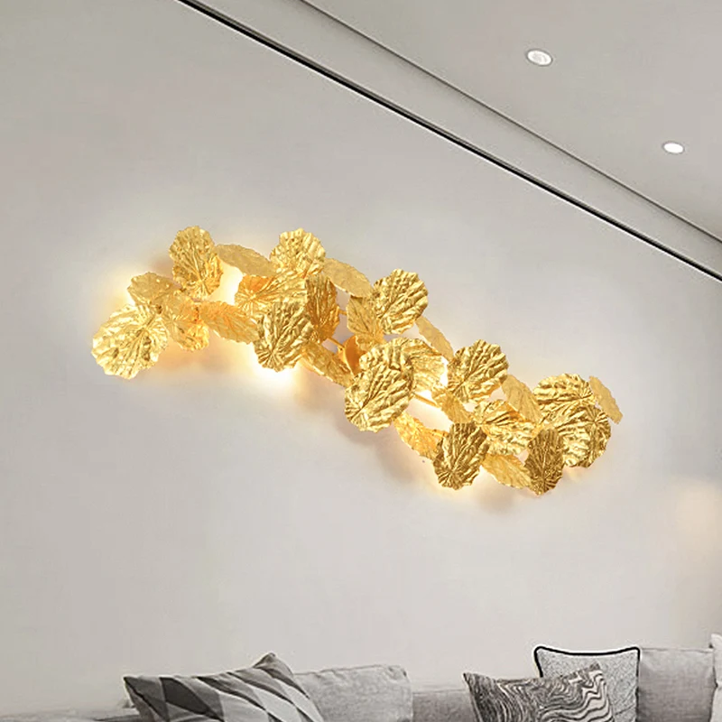 Applique murale à 6 lumières en forme de feuille de Lotus, luminaire luxueux en métal doré pour le salon Clearhalo