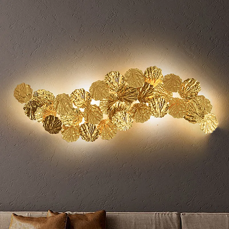 Applique murale à 6 lumières en forme de feuille de Lotus, luminaire luxueux en métal doré pour le salon Clearhalo