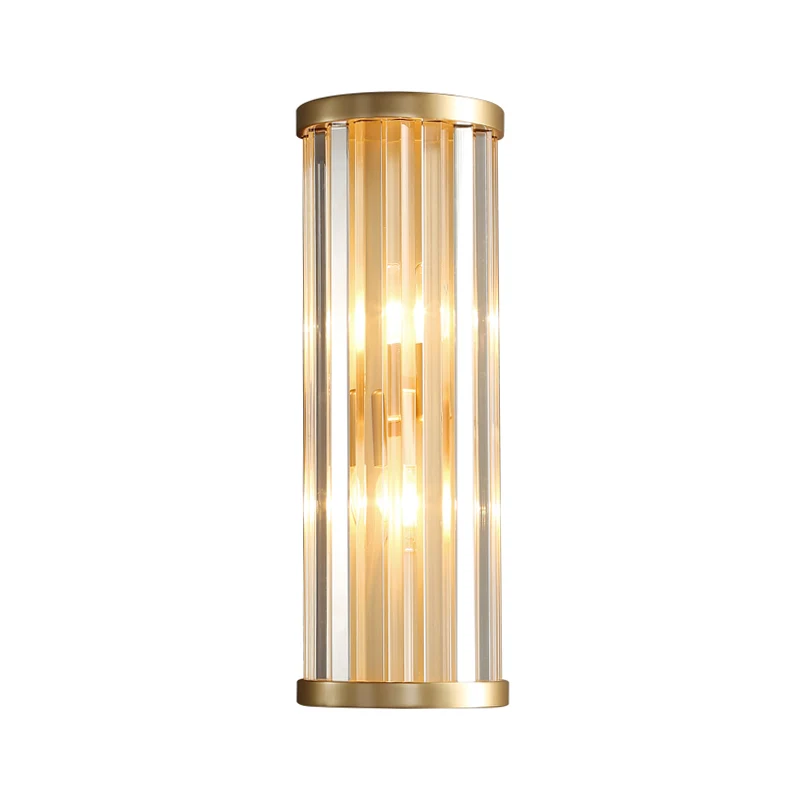 Applique murale moderne et élégante en métal, 2 lumières, cylindre, avec tuyau en cristal, finition dorée Clearhalo