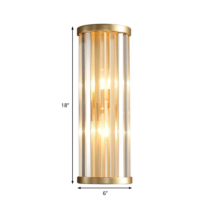 Applique murale moderne et élégante en métal, 2 lumières, cylindre, avec tuyau en cristal, finition dorée Clearhalo