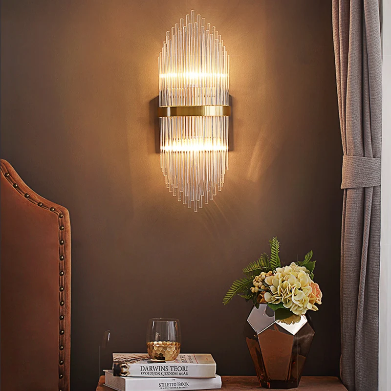 Applique murale moderne à 3 lumières pour chambre à coucher, en laiton, avec abat-jour cylindrique en verre cannelé, 7/9,5...
