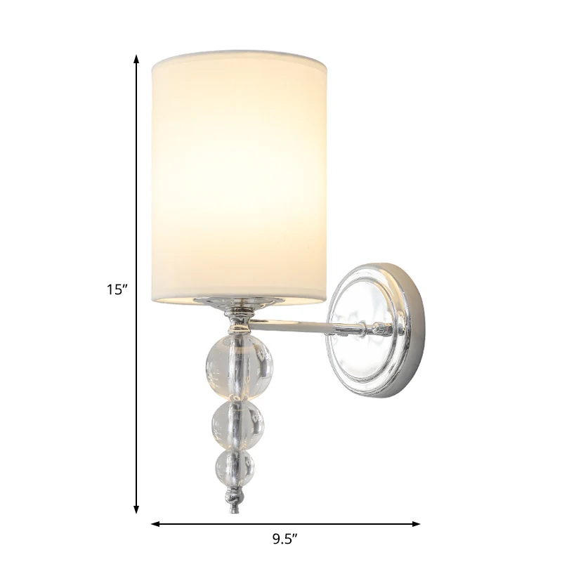 Applique murale moderne en tissu et métal avec abat-jour cylindrique à 1 tête, décoration boule de cristal transparente en...