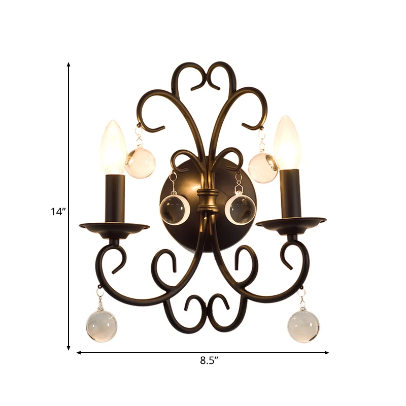 Applique murale en métal noir, bougie, 2 lumières, éclairage mural rustique pour salle à manger avec boule de cristal tran...