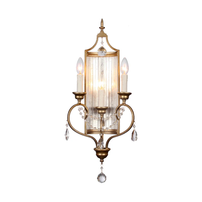 Applique murale métallique à 3 lumières en forme de bougie de campagne française en or avec décoration en cristal Clearhalo