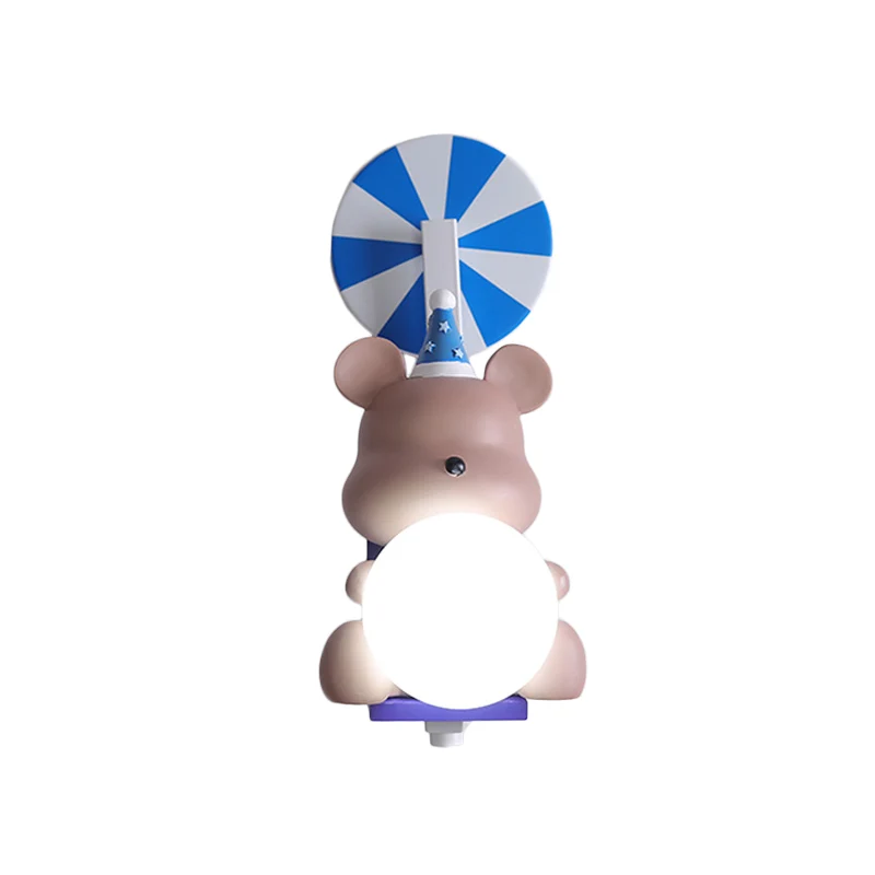 Applique murale ours d'anniversaire tenant une boule en résine de dessin animé, 1 lumière rose/bleu avec abat-jour en verr...