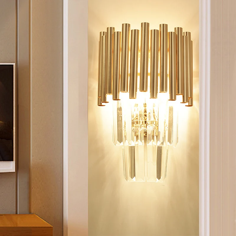 Applique murale à plusieurs niveaux, bloc de cristal moderne, 4 têtes, applique dorée pour chambre à coucher Clearhalo