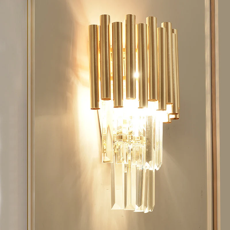 Applique murale à plusieurs niveaux, bloc de cristal moderne, 4 têtes, applique dorée pour chambre à coucher Clearhalo