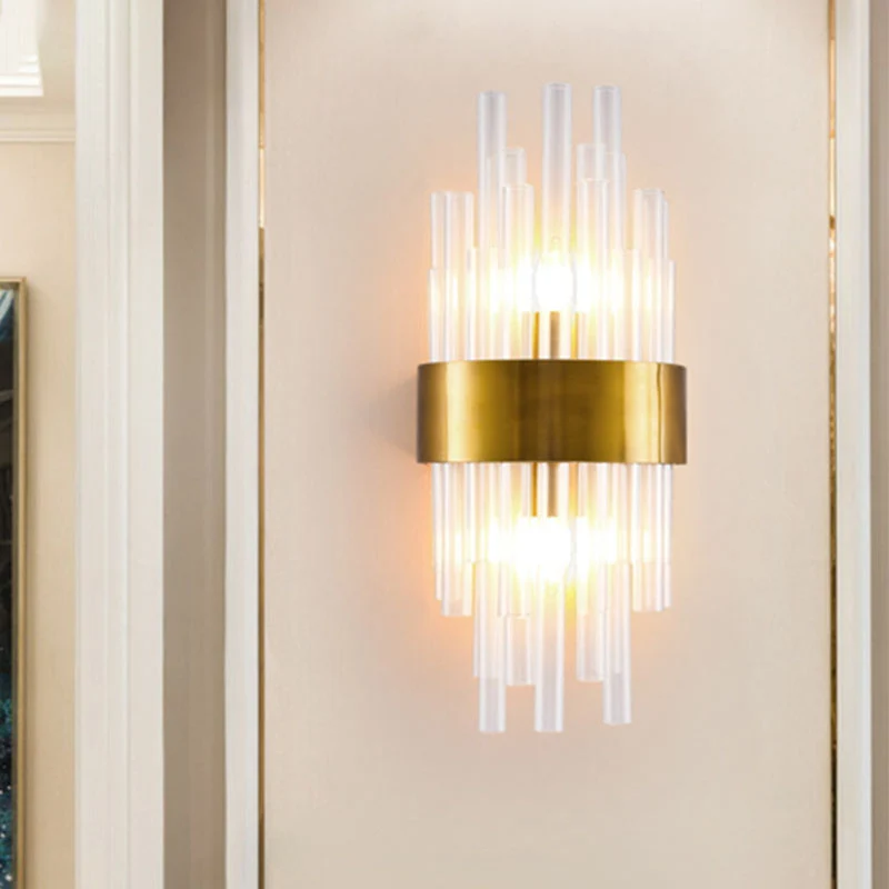 Applique murale postmoderne à 2 têtes pour chambre à coucher, luminaire doré avec abat-jour cylindrique en cristal cannelé...