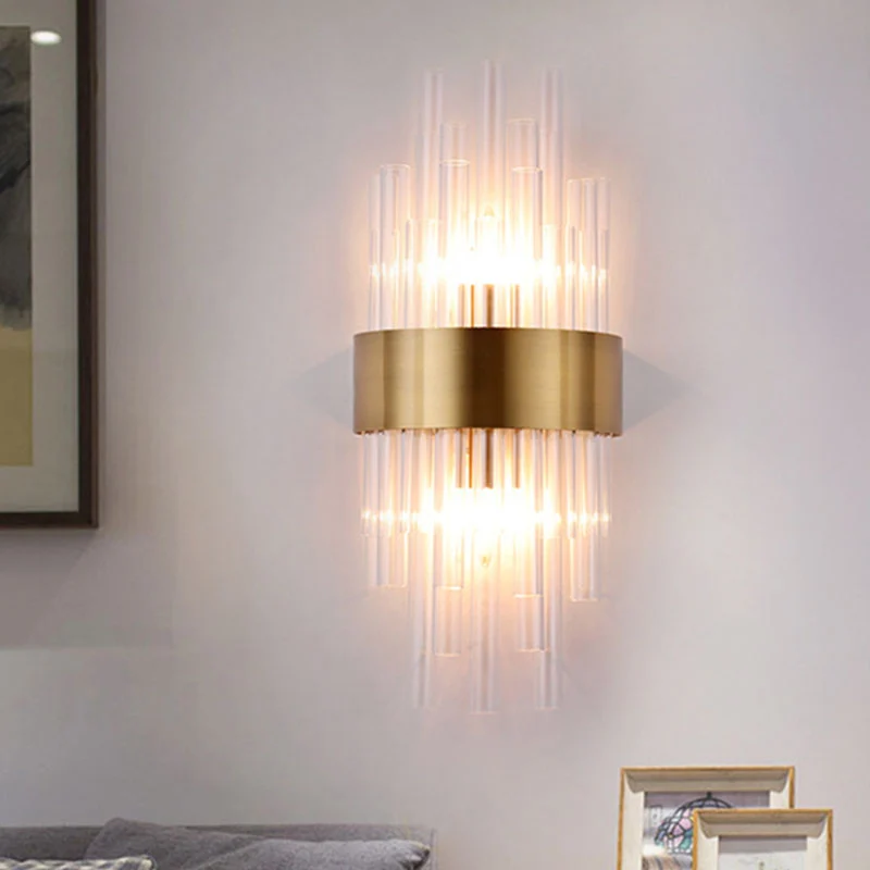 Applique murale postmoderne à 2 têtes pour chambre à coucher, luminaire doré avec abat-jour cylindrique en cristal cannelé...