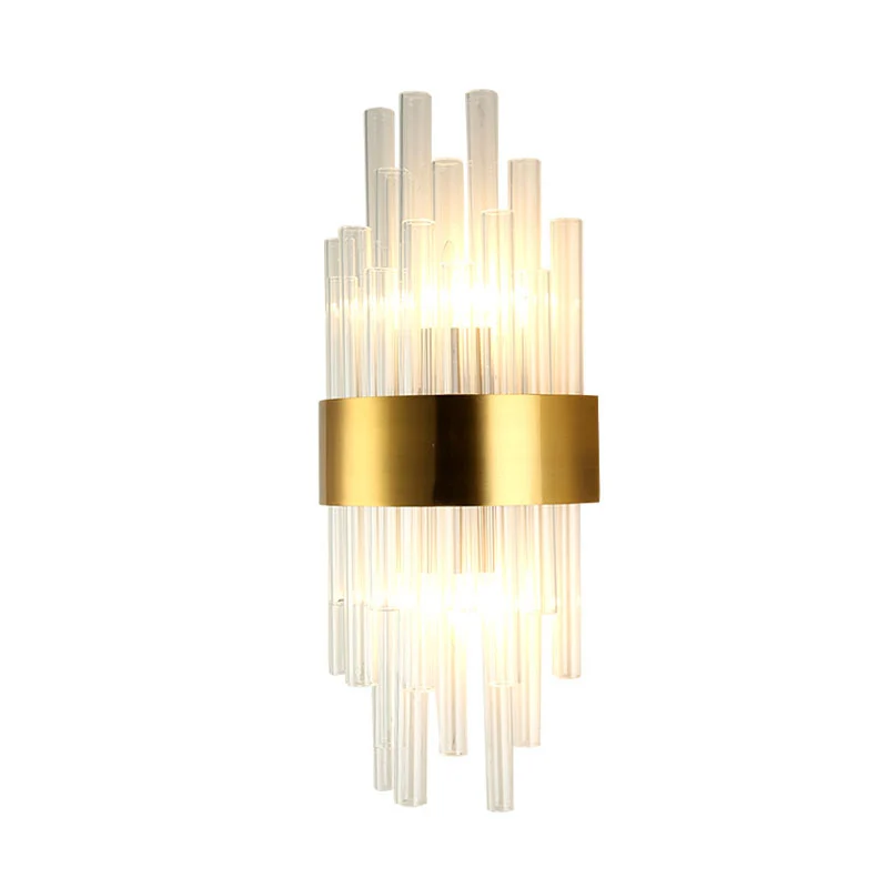 Applique murale postmoderne à 2 têtes pour chambre à coucher, luminaire doré avec abat-jour cylindrique en cristal cannelé...