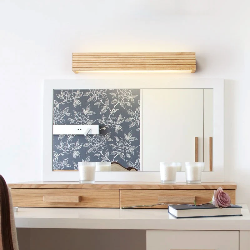 Applique murale rectangulaire en bois laminé, luminaire LED beige minimaliste au-dessus du lit Clearhalo