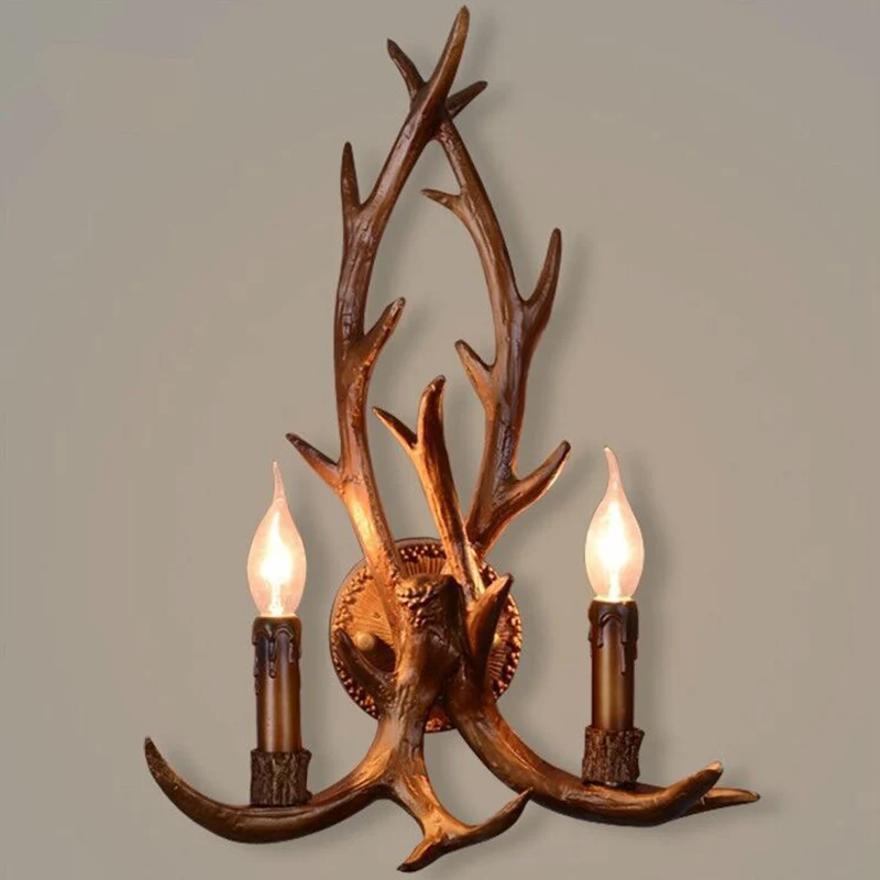 Applique murale en résine à 2 têtes, classique, corne de cerf marron, luminaire mural de Restaurant avec décor de bougie C...