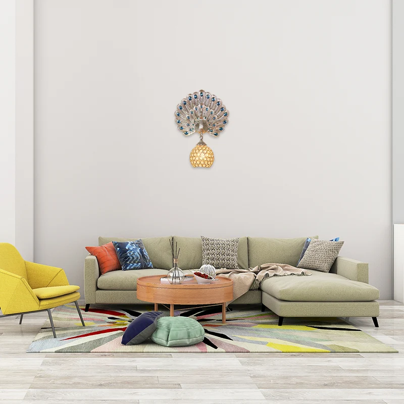 Applique murale rétro élégante en cristal transparent à 1 lumière avec plaque arrière paon en argent/blanc Clearhalo