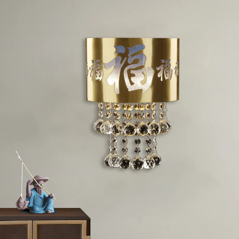 Applique murale semi-cylindre à 2 têtes, lampe murale traditionnelle en laiton et perles de cristal pour chambre à coucher...