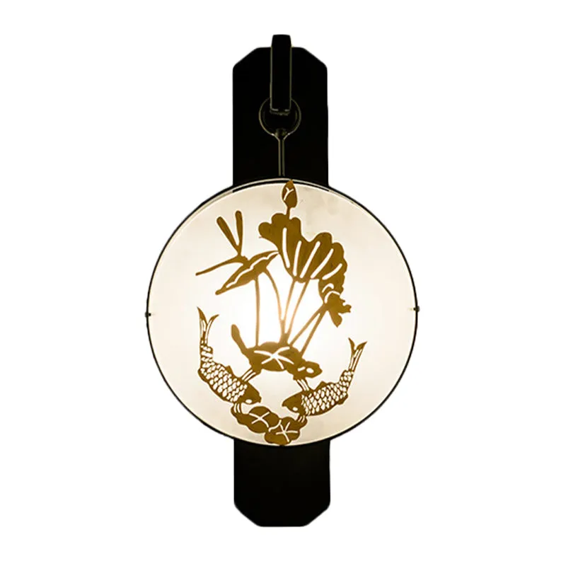Applique murale en tissu chinois à 1 lumière avec feuilles de carpe et de lotus, noir et or Clearhalo