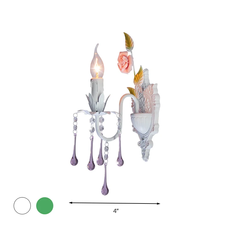 Applique murale traditionnelle à 1 ampoule, chandelier en cristal à facettes, luminaire mural en blanc/vert pour salon Cle...