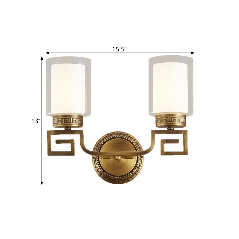 Applique murale traditionnelle à 2 ampoules, double cylindre, verre transparent et blanc, éclairage mural en laiton Clearhalo