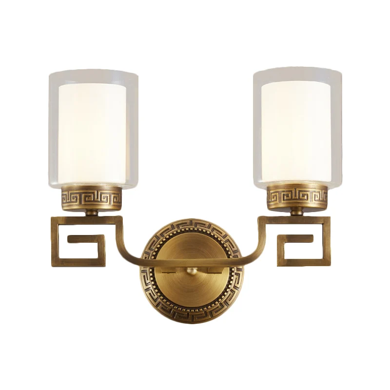 Applique murale traditionnelle à 2 ampoules, double cylindre, verre transparent et blanc, éclairage mural en laiton Clearhalo
