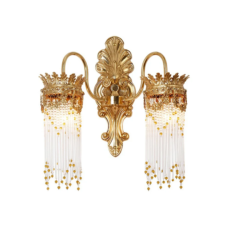 Applique murale traditionnelle en forme de couronne dorée, applique de salon en métal avec frange en cristal Clearhalo