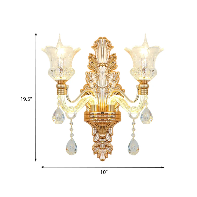 Applique murale traditionnelle en verre transparent doré, 1/2 ampoules, avec bras lumineux en cristal à bulles Clearhalo