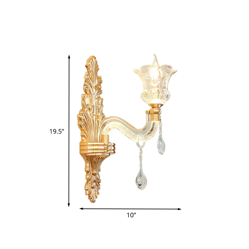 Applique murale traditionnelle en verre transparent doré, 1/2 ampoules, avec bras lumineux en cristal à bulles Clearhalo