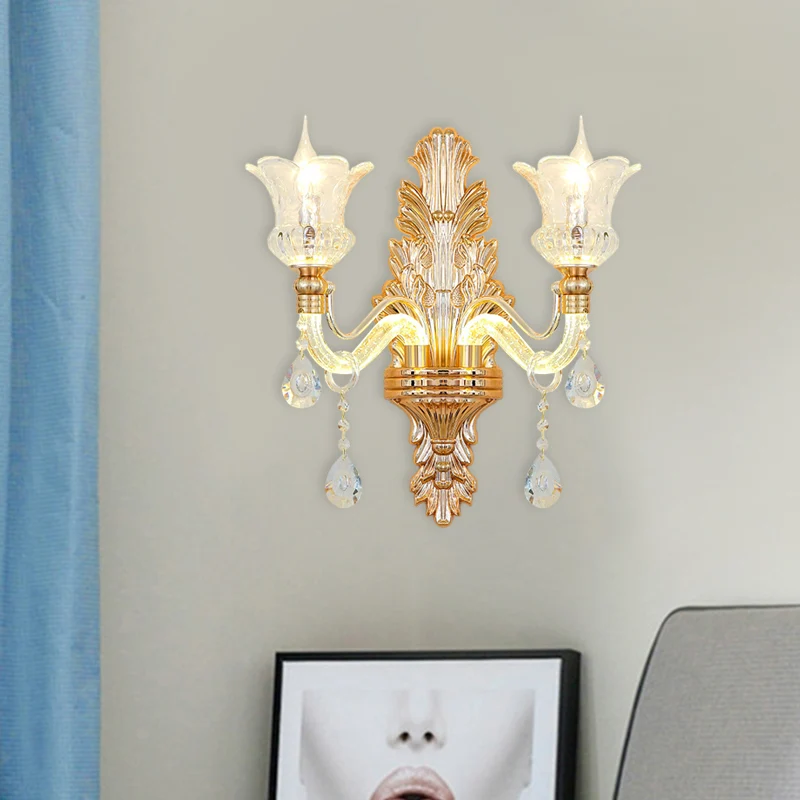Applique murale traditionnelle en verre transparent doré, 1/2 ampoules, avec bras lumineux en cristal à bulles Clearhalo