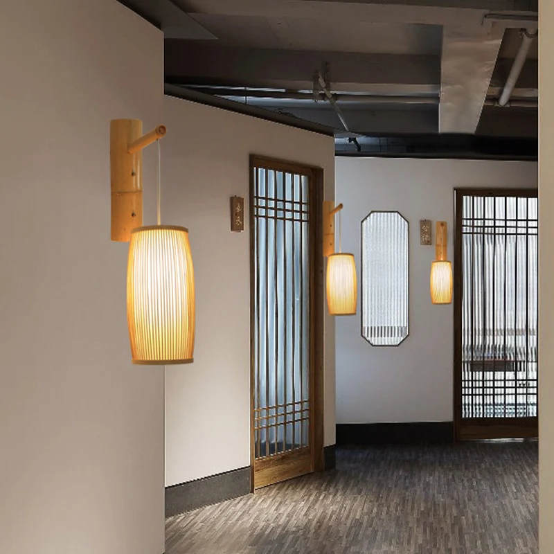 Applique murale à tête unique pour couloir, lampe murale en bois de Style asiatique avec panier abat-jour en bambou Clearhalo