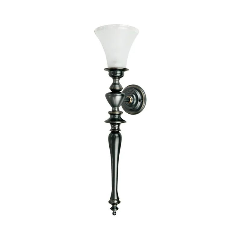 Applique murale évasée noire rétro en verre crème, 1 tête, applique murale de salon avec bras linéaire en métal Clearhalo