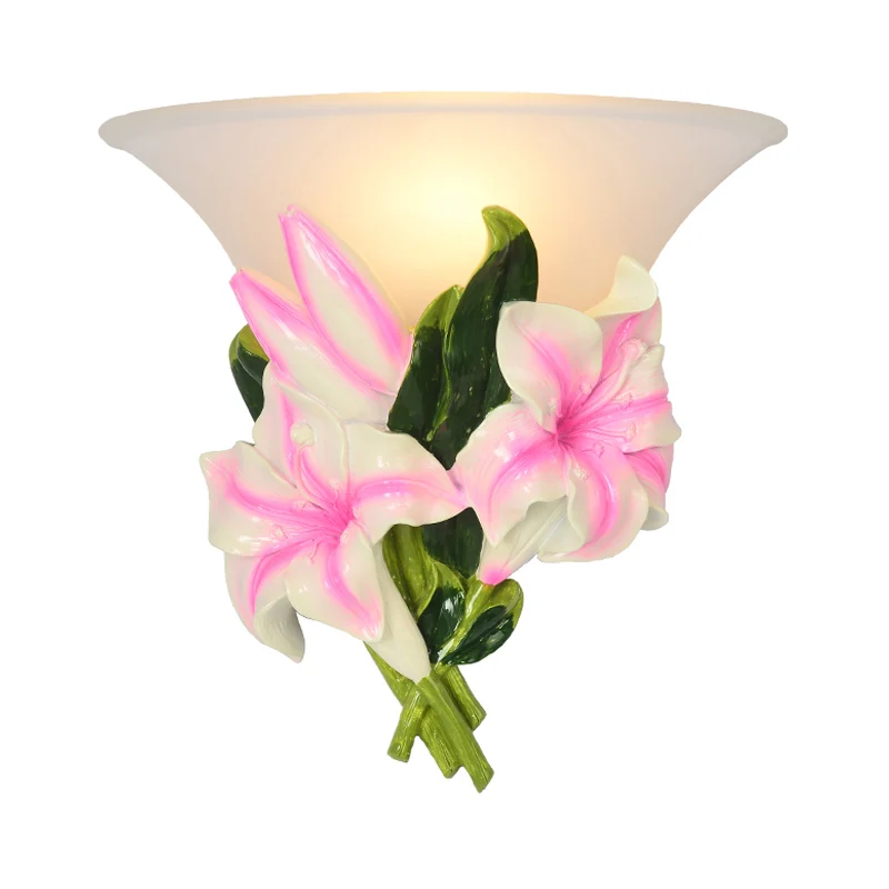 Applique murale évasée en verre dépoli rustique 1 lumière pour salon avec décoration de fleurs roses Clearhalo