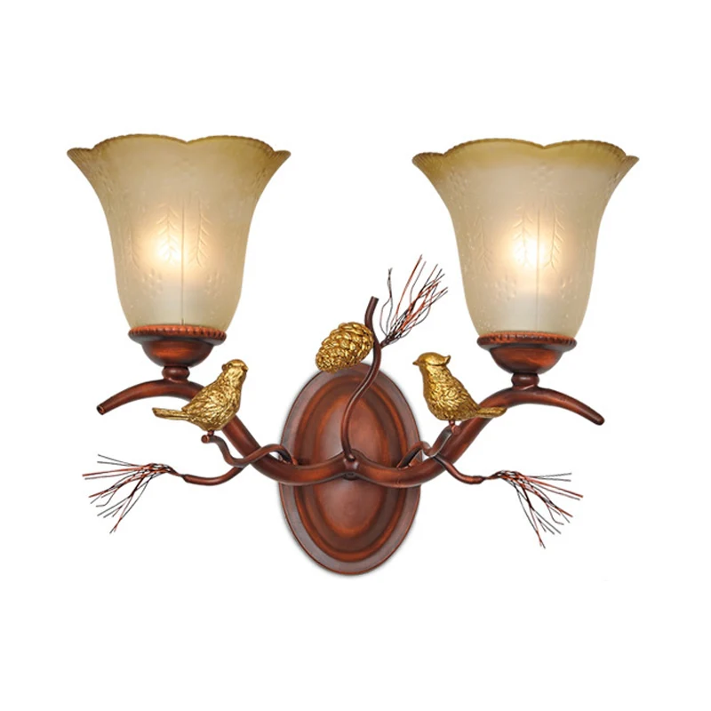Applique murale en verre ambré de style campagnard à 1/2 lumières pour salon, applique murale avec accent d'oiseau en cuiv...