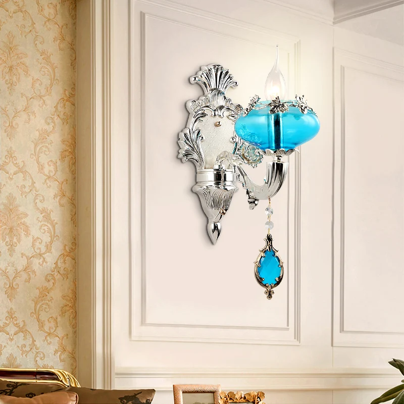 Applique murale en verre bleu oblat, lampe murale de couloir vintage avec accent de cristal en argent Clearhalo