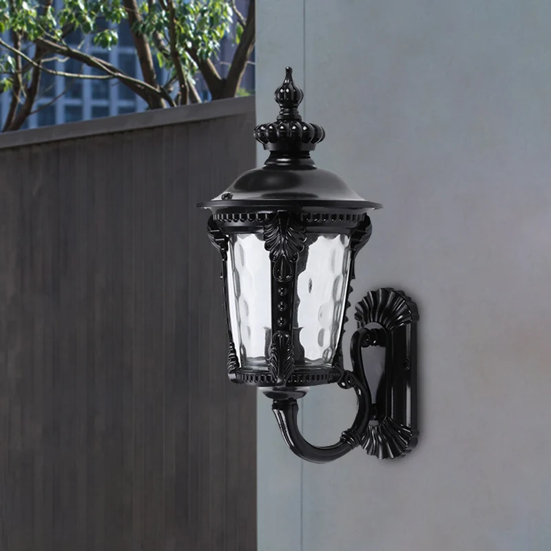 Applique murale en verre d'eau en forme d'urne rustique à 1 tête, éclairage mural noir pour cour Clearhalo