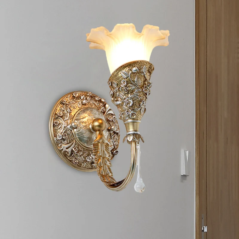 Applique murale en verre givré pour chambre à coucher, 1 ampoule, argent/ivoire, bras incurvé, décor en forme de goutte de...